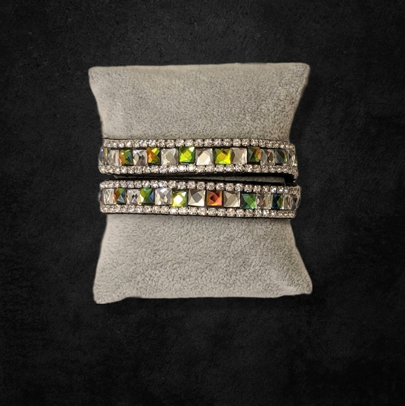 B36 Holo Silver Metallic Crystal Rhinestone Wrap Bracelet Large Silver Rainbow - Picture 3 of 16